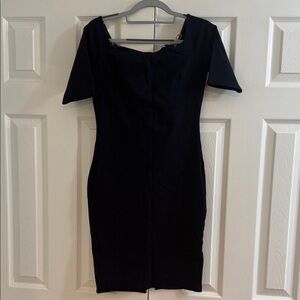 Just Me Elegant Bodycon Navy Jersey Dress short sleeve square neck sz 6/S $150